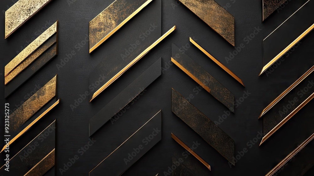 Poster modern luxury background featuring abstract gold arrows in a geometric pattern on a black blank spac