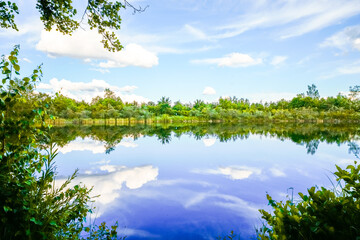 Obraz premium Landscape at the Feilenmoos local recreation area. Bathing lake between Manching and Geisenfeld. Nature at the quarry lake. 