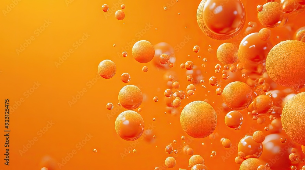 Poster modern orange backdrop with 3d realistic spheres, featuring textured bubbles or letters. ideal for c