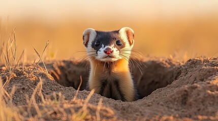 Black-footed ferret peeking out of a burrow