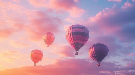 Obraz premium A group of colorful air balloons ascending in the sky at dawn, with soft light illuminating the scene.