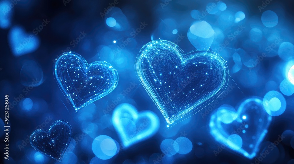 Poster neon blue hearts glowing gently in a bokeh banner, creating a captivating design with a romantic the
