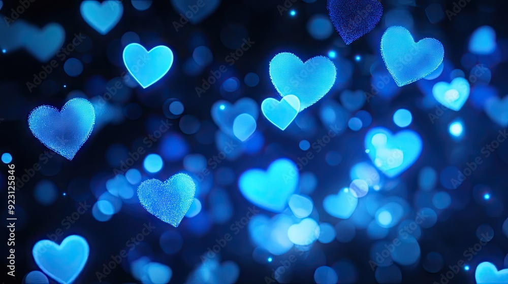 Poster neon blue hearts glowing in a soft bokeh style, creating an enchanting banner design with space for 