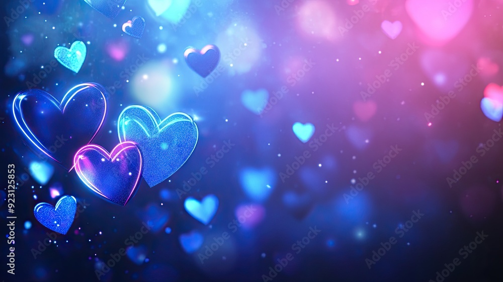 Poster neon blue hearts glowing in a soft bokeh style, creating an enchanting banner design with space for 