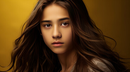 Naklejka premium Portrait of a cute handsome happy Asian teenager guy with long hair and perfect skin, golden background, banner.