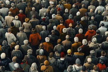 Obraz premium Aerial view of a large crowd of people, creating a textured background with a bird's-eye perspective, showcasing hundreds of individuals in a toned palette.