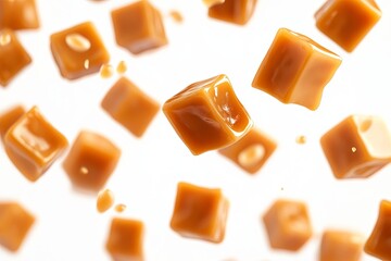 Floating caramel cubes against a white background showcasing their glossy texture and rich color. Generative AI