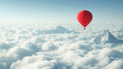 Fototapeta premium A lone red hot-air balloon flying high above the clouds, with the peaks of mountains visible below, against a bright morning sky.