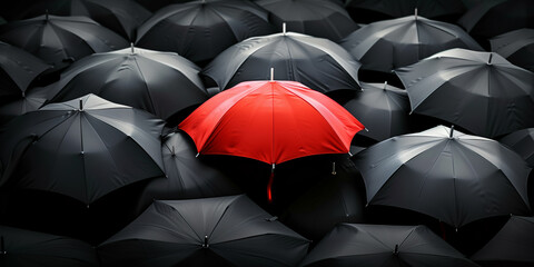 Red umbrella among many black ones. Metaphor individuality. Concept unique personality.