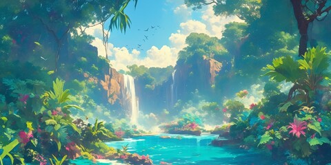 Obraz premium Enchanting Anime-Style Summer Valley in Japan: Lush Green Landscape with Cascading Waterfalls and Vibrant Flora. Dreamy 4K Wallpaper for Creative Marketing, Children's Book Illustrations, and Stunning