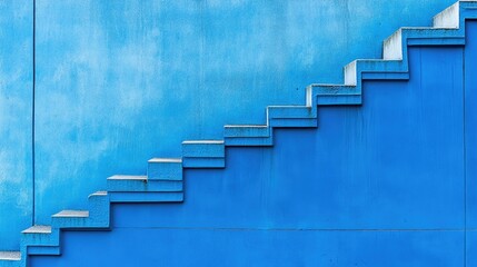Fototapeta premium A minimalist shot of stairs climbing up a vibrant blue wall, with sharp lines and contrasting colors, evoking a sense of ascent.