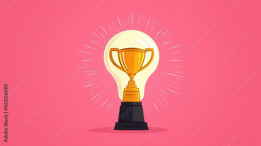 Sticker Golden Trophy in Light Bulb on Pink Background.