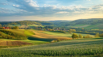 Obraz premium A panoramic shot of Moravia's spring landscape, featuring a patchwork of biobelts and fields, with soft hills and distant farms completing the serene scene.