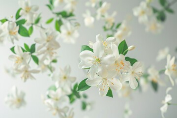 Exquisite jasmine blooms in the air against a white backdrop.