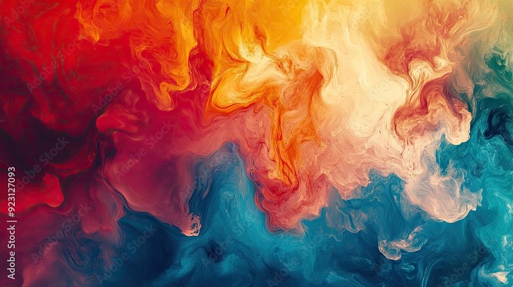 Poster rich color abstract background with a fusion of warm and cool tones creating a balanced and engaging