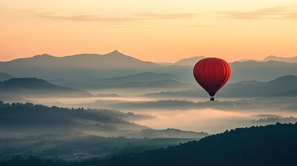 Fototapeta premium A striking red hot-air balloon soaring over hills and mountains, with clouds below and the sun rising on the horizon.