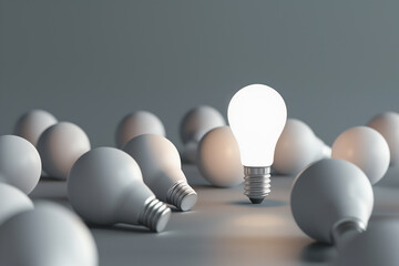 One glowing light bulb standing out from the unlit incandescent light bulbs on white background