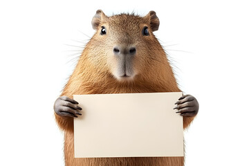 Cute capybara holding blank white banner in its paws isolated on white background