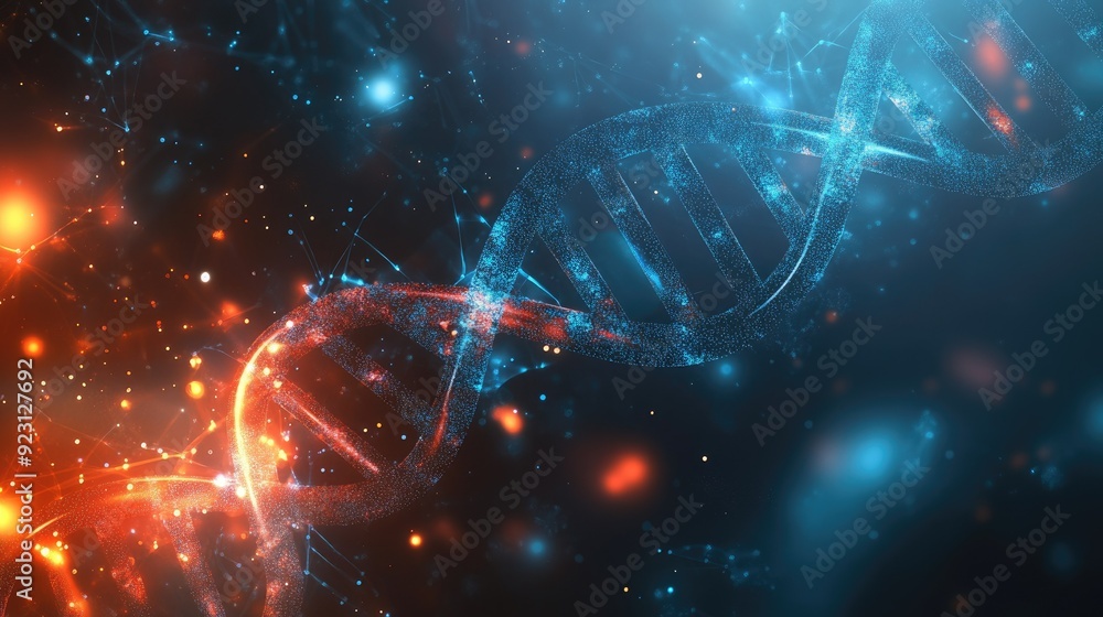 Poster scientific molecular background with swirling dna strands and geometric dynamics. ideal for technolo
