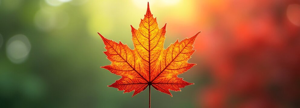 Artistic depiction of maple leaf transitioning summer green autumn red, changing seasons Canada, vibrant colors, serene mood, nature photography, symbolic, background blur, copy space,