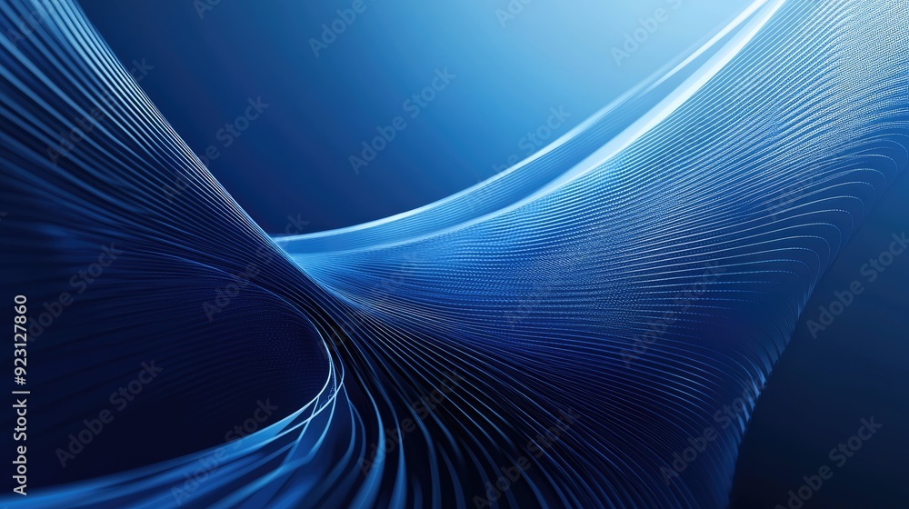 Poster shiny blue curved lines on a futuristic abstract background, creating a sleek and modern visual. sui