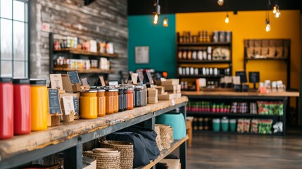 A vibrant retail space showcasing colorful jars and creative decor, perfect for food enthusiasts and small business inspiration.