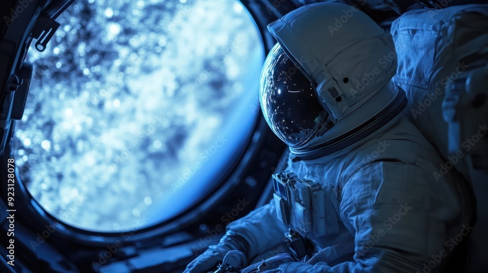Poster the astronaut is looking at the huge illuminator and an unknown spaceship interior at an empty galax