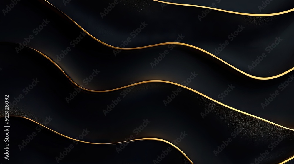 Poster sleek black background with overlapping gold wave lines, creating a luxurious and modern feel for pr