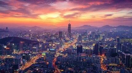 Obraz premium A twilight view of Seoul cityscape, with glowing skyscrapers and busy streets, reflecting the dynamic and ever-evolving nature of South Korea's capital.