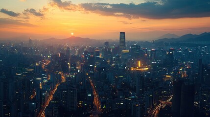 Fototapeta premium A twilight view of Seoul cityscape, with glowing skyscrapers and busy streets, reflecting the dynamic and ever-evolving nature of South Korea's capital.