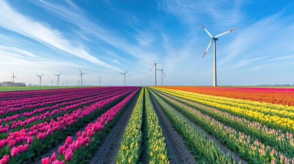 A vibrant field of tulips stretching out towards the horizon, with wind turbines towering in the background, combining nature with technology.