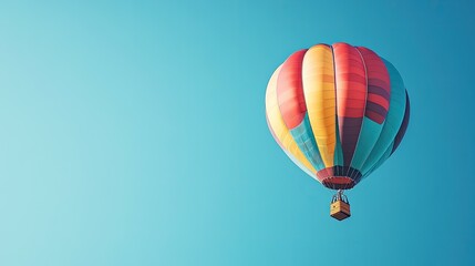 Naklejka premium A striking red hot-air balloon soaring over hills and mountains, with clouds below and the sun rising on the horizon.