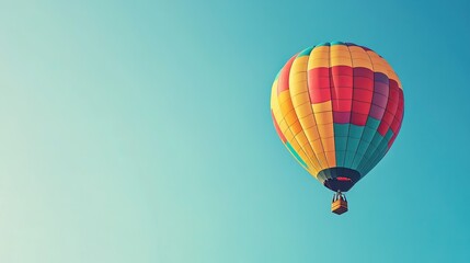 Naklejka premium A striking red hot-air balloon soaring over hills and mountains, with clouds below and the sun rising on the horizon.