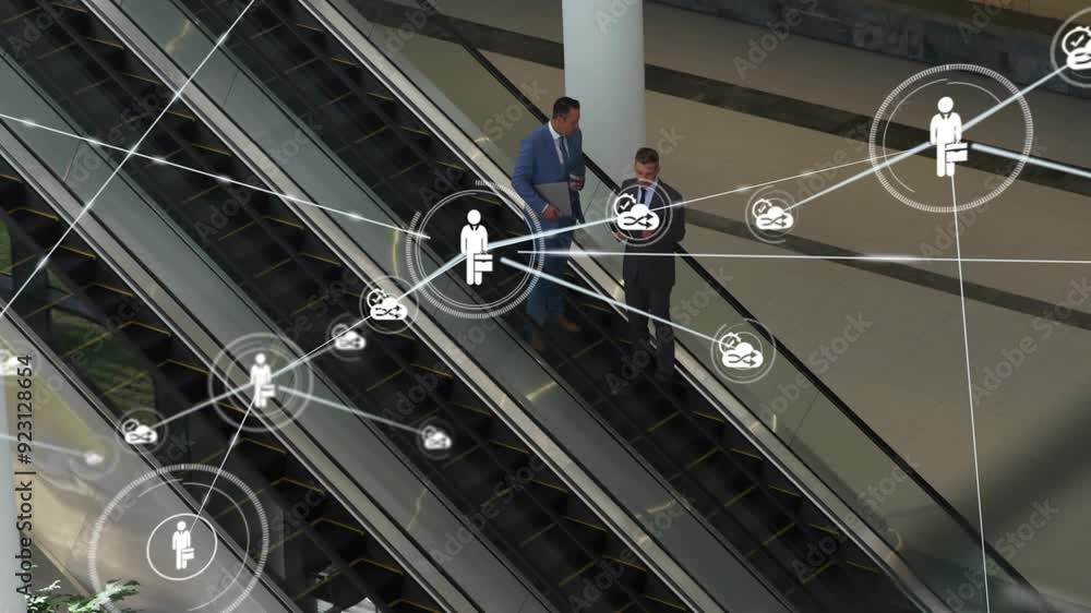 Aufkleber business people on escalator with network connections and data processing animation
