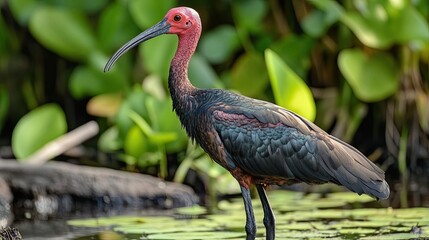 Scarlet Ibis Bird Standing In Water With Green Foliage Background