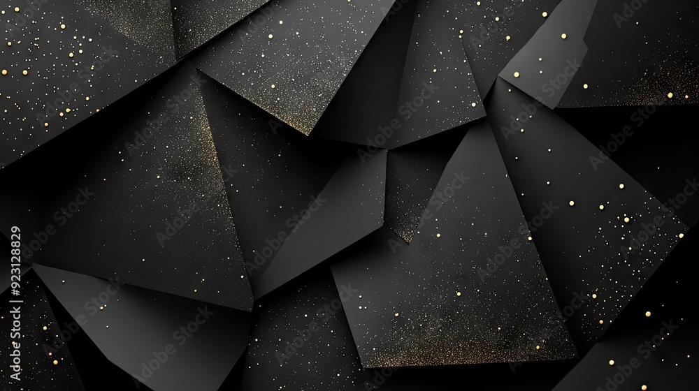 Poster sophisticated 3d geometric background with black paper layers and sparkling golden dots, ideal for c