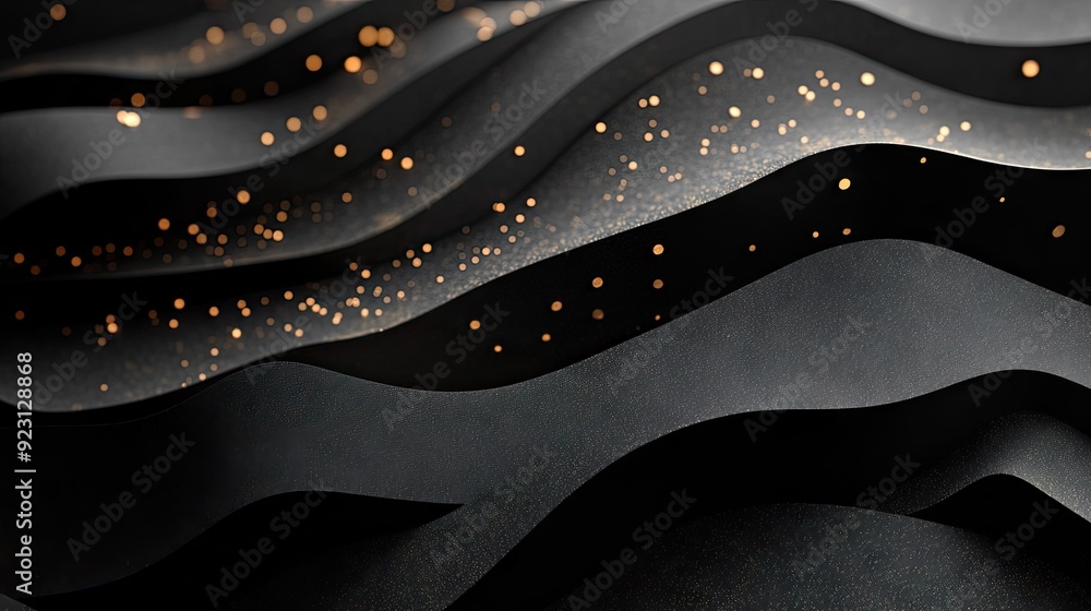 Poster sophisticated abstract 3d design featuring carbon-textured black paper layers with sparkling golden 
