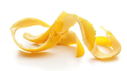 Twisted strips of lemon peel on a white background, commonly used as a garnish or for zest in cooking and baking recipes.
