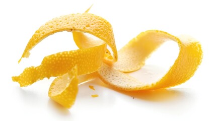 Peels of a lemon twisted and turned, casting light shadows on a white background, suggesting the act of zesting or peeling citrus fruit.