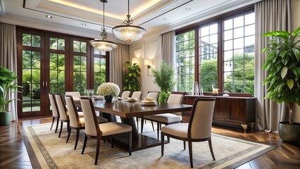 Fototapeta premium Elegant dining room with dark wood furniture, creamy white walls, and floor-to-ceiling windows flooded with natural light, adorned with tasteful decor and lush greenery.
