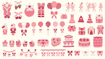 Coquette themed birthday party illustration set. Vintage cakes, cupcakes, cherries, strawberries, gift boxes, party hats, ribbons, balloons, banners and more. Hand drawn vector illustrations.
