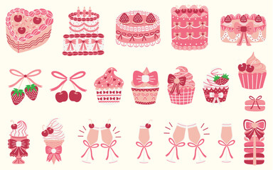 Coquette style desserts and drinks illustration set. Vintage style cakes, cupcakes, cherries, strawberries, macarons, milkshake, ice cream, rose wine glasses. Hand drawn vector illustrations.