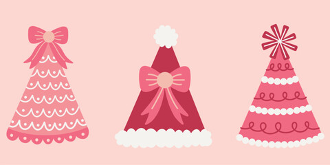 Coquette style party hats illustration set. Cute party hats with quirky patterns and charming ribbons. Perfect for birthday and other party projects. Hand drawn vector illustrations.