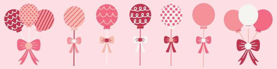 Coquette style balloons illustration set. Decorative balloons with playful patterns and charming ribbons. Perfect for birthday and other party projects. Hand drawn vector illustrations.