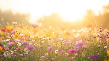 Fototapeta premium An expansive view of a field covered in flowers, with the bright daytime sun illuminating the vibrant colors and the natural beauty of the scene.