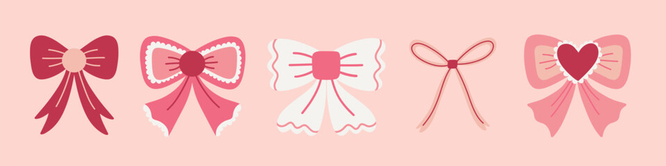 Coquette style ribbons illustration set. Decorative ribbons and bows. Hand drawn vector illustrations.