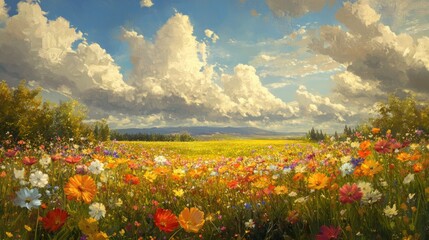An expansive view of a field covered in flowers, with the bright daytime sun illuminating the vibrant colors and the natural beauty of the scene.