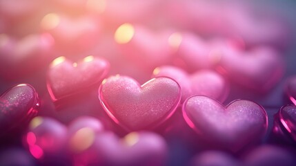 Obraz premium Sweet pink hearts background with a soft glow, perfect for love-themed designs, featuring overlapping hearts in different sizes for Valentine's Day or Mother's Day.