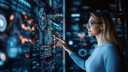 A woman interacts with a futuristic holographic interface, exploring data visualization and digital technology innovations.
