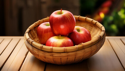 a wooden basket of red apples